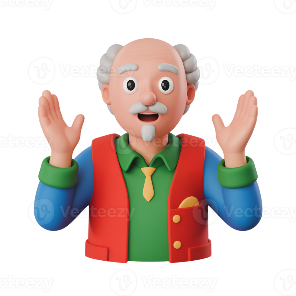 Cartoon grandpa with hands up in surprise on a plain background, 3d render png