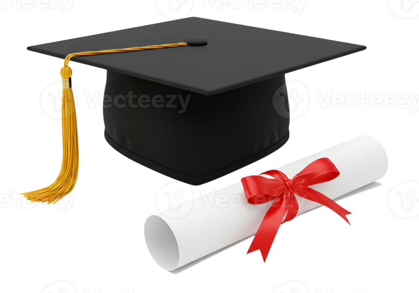 Graduation cap and diploma with red ribbon on isolated transparent background png