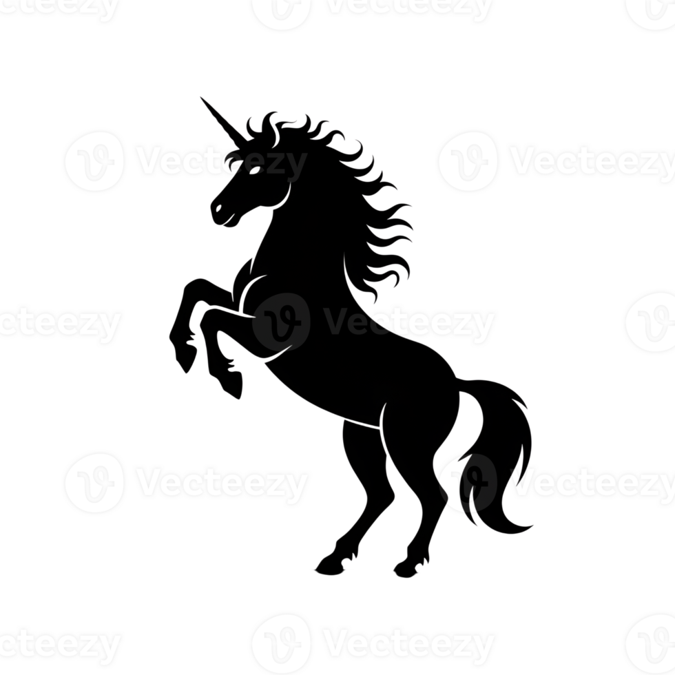 Silhouette of rearing unicorn with flowing mane and tail on a stark field png