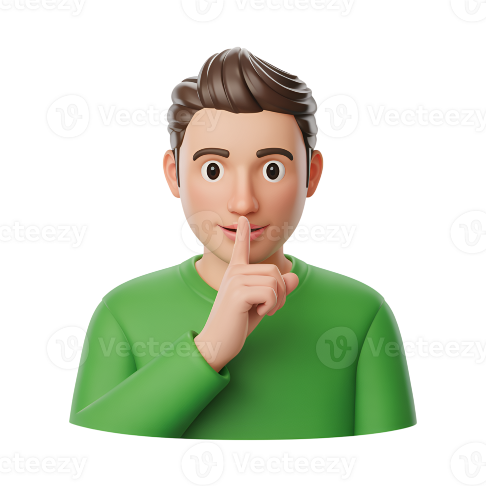Cartoon man gesturing silence with finger over lips in 3d rendering style png