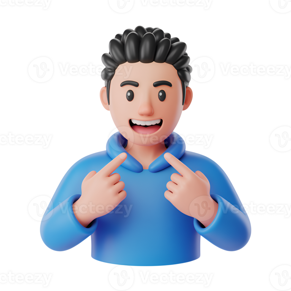 Cartoon man pointing at himself with fingers smiling in blue sweater 3d render png