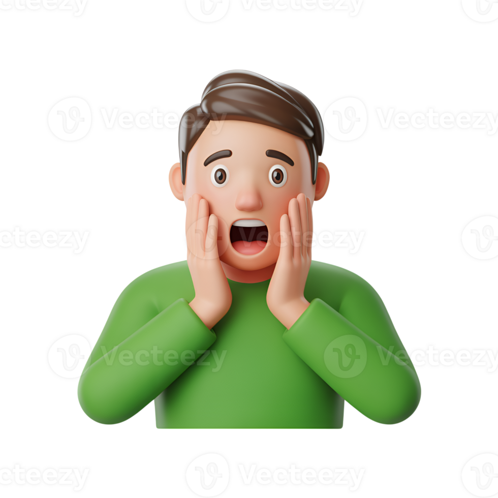 Surprised man with hands on face, 3d rendering of cartoon character with open mouth png
