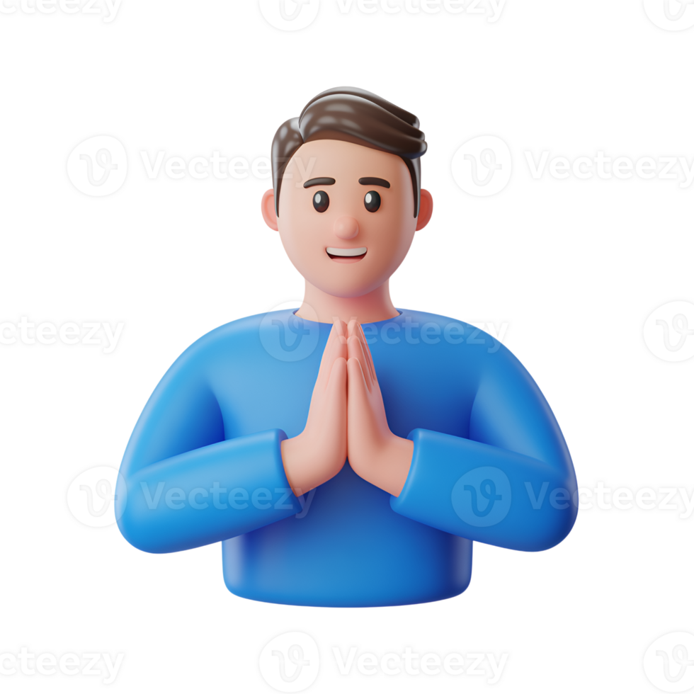 Cartoon man with hands in prayer pose, 3d render on transparent background png