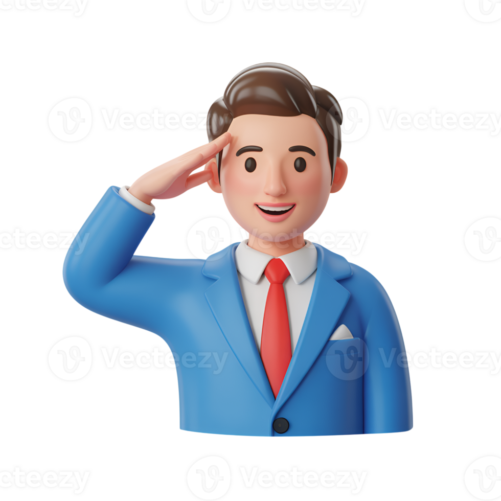 Cartoon man in suit saluting with hand gesture, 3d rendering, isolated png