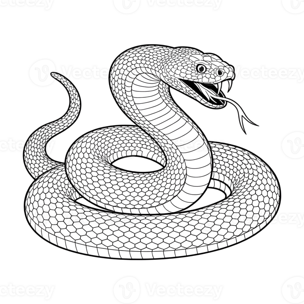 Cobra illustration coiled snake with detailed scales and forked tongue design outline drawing png