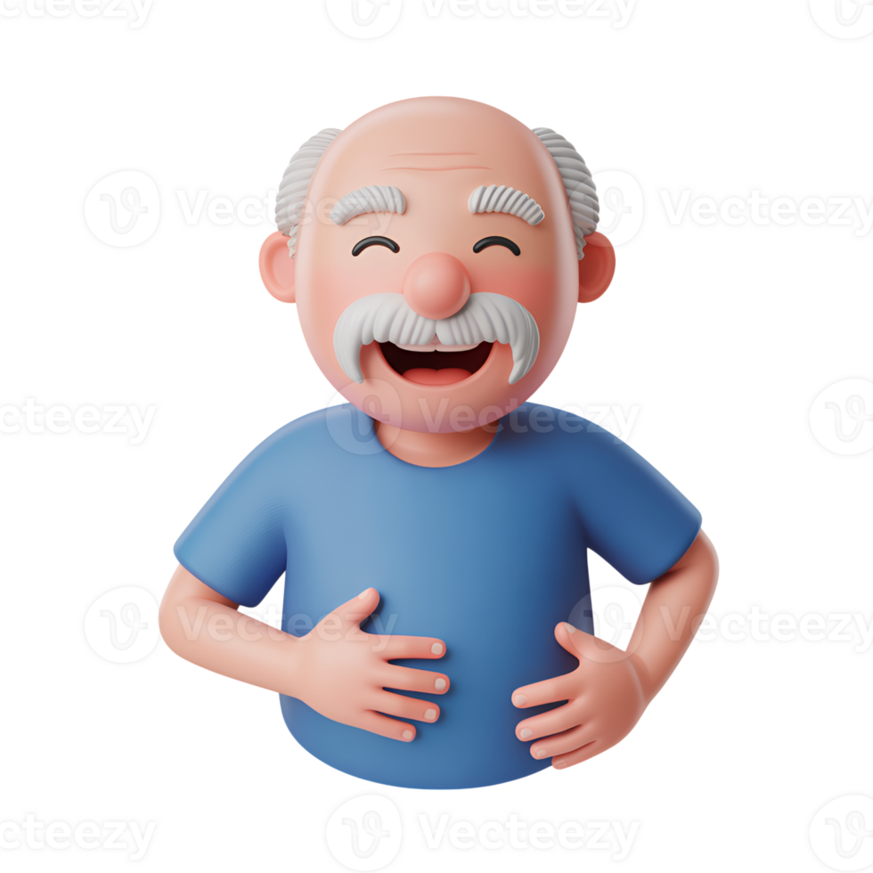 Laughing old man cartoon character with hands on stomach on transparent background png