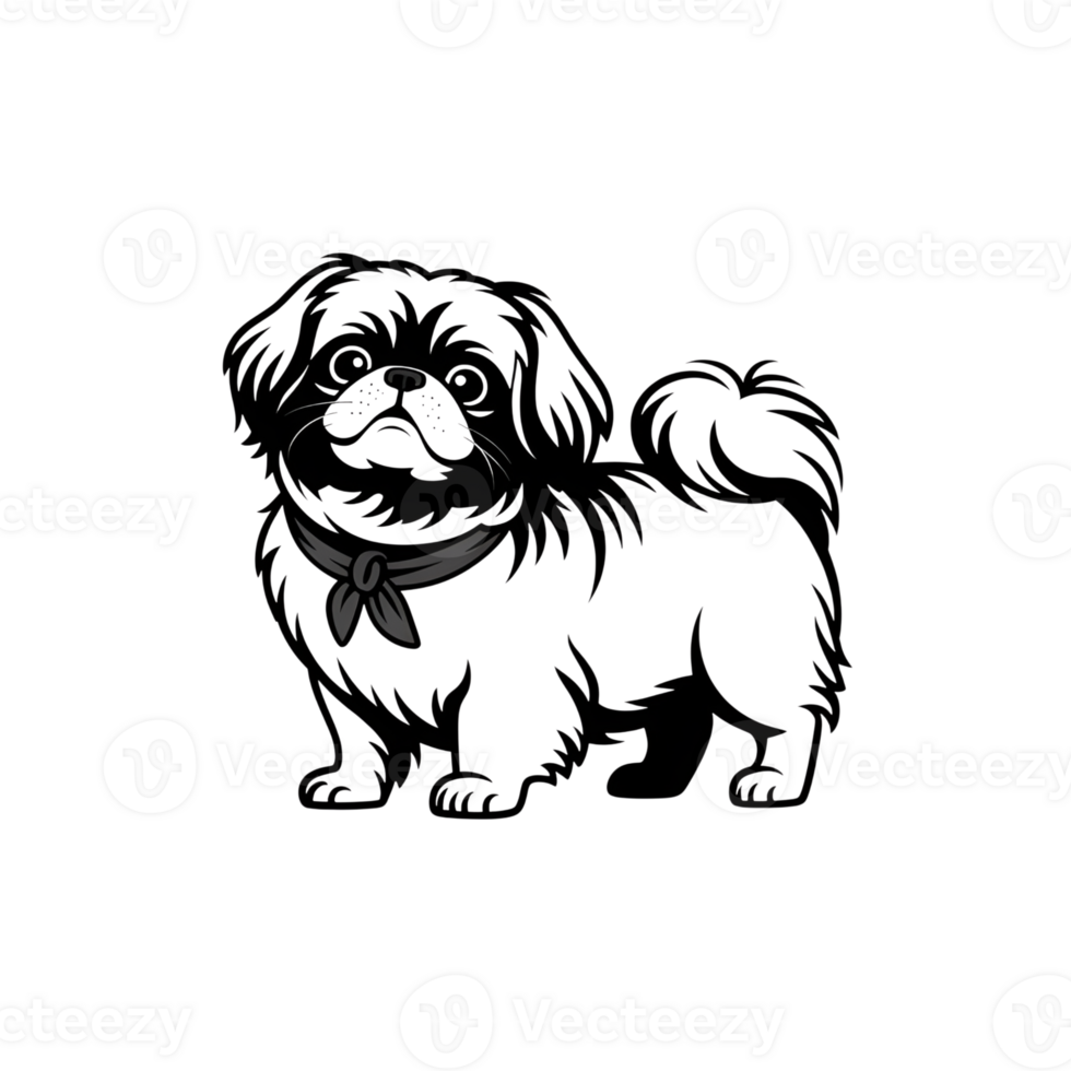 Pekingese dog with bandana, cartoon style illustration of pet in black and white, art png