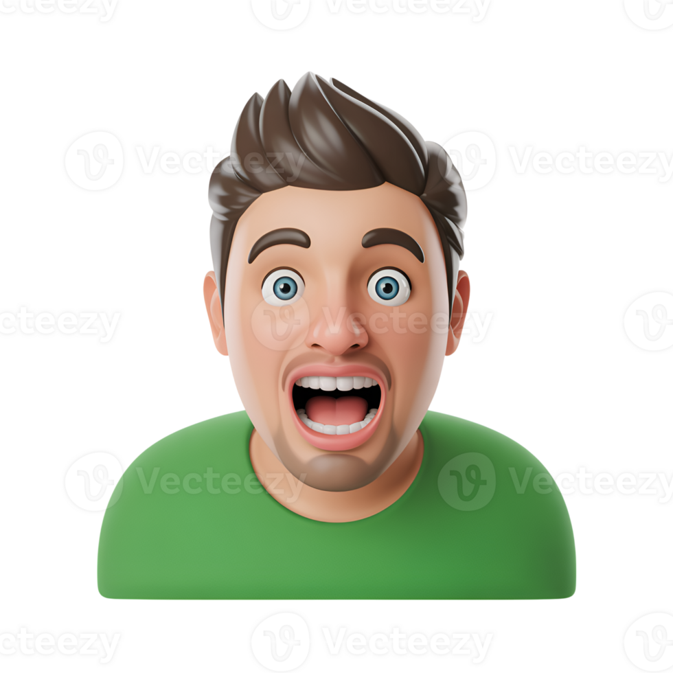 Surprised man with open mouth and wide eyes, cartoon character, green shirt, 3d rendering png