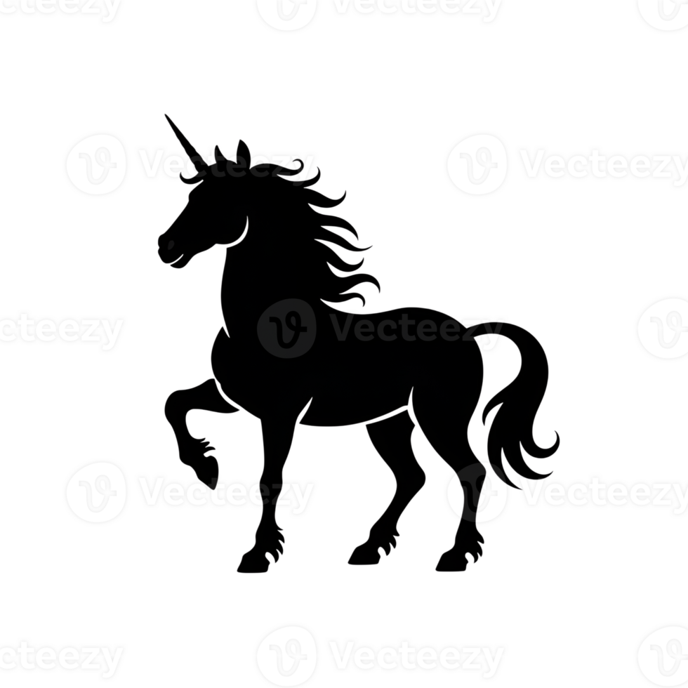 Unicorn silhouette standing on hind legs with flowing mane and tail design png