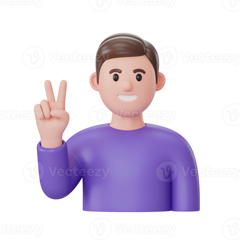 Cartoon man making peace sign with hand on isolated background, 3d render png