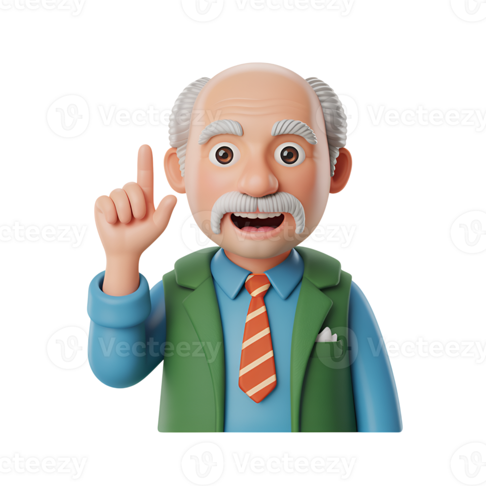 Cartoon man with idea raising finger, wearing tie and green jacket, 3d render png