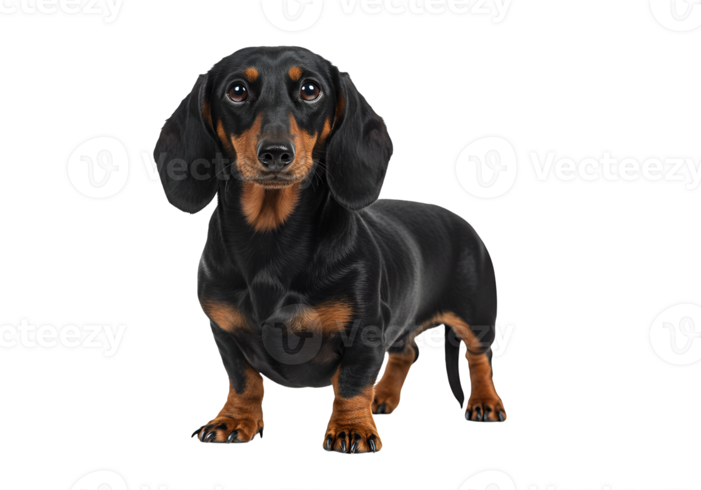 Dachshund dog standing alert with a curious expression on a simple setting png