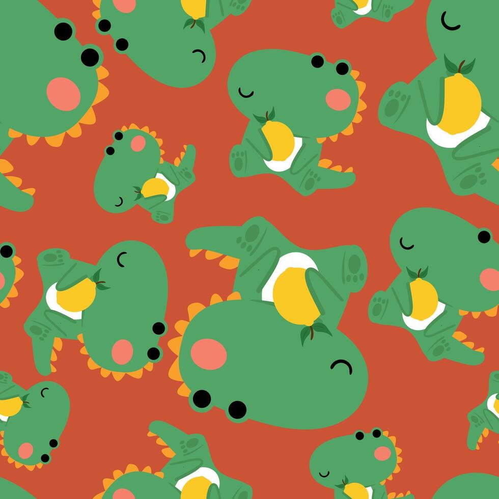 Seamless pattern cartoon cute dinosaur holding a lemon cute animal drawing for wallpaper vector