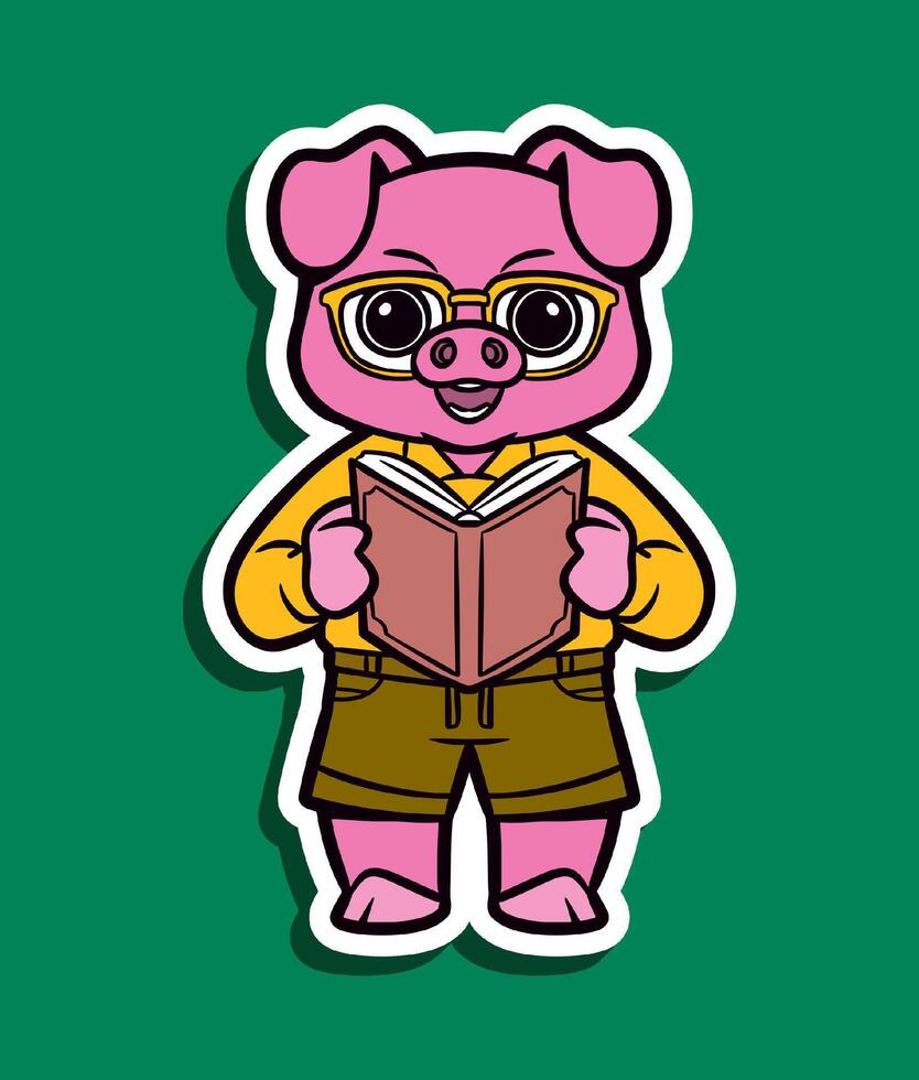 Cartoon Character of a Cute Pig Reading Brown Book vector