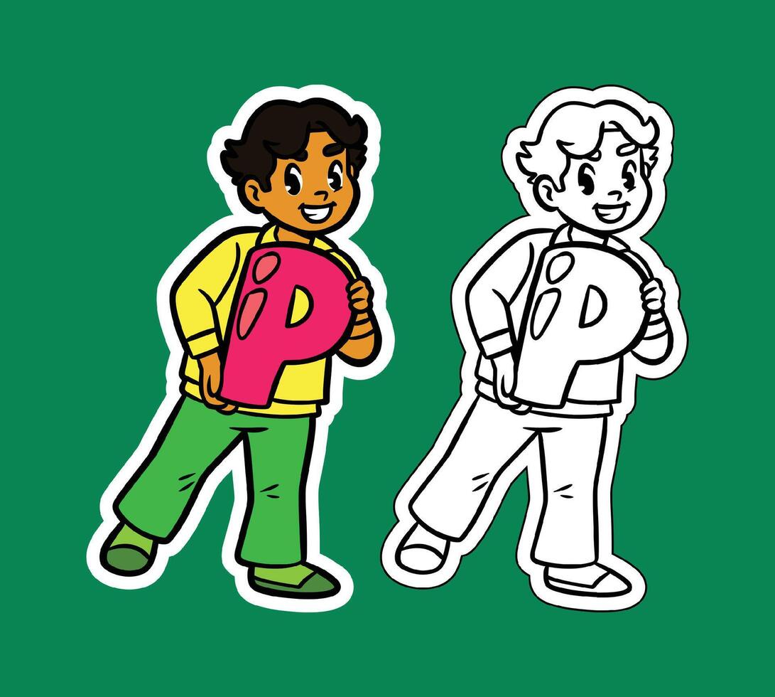 Doodle Illustration of a Boy Holding the Letter P vector