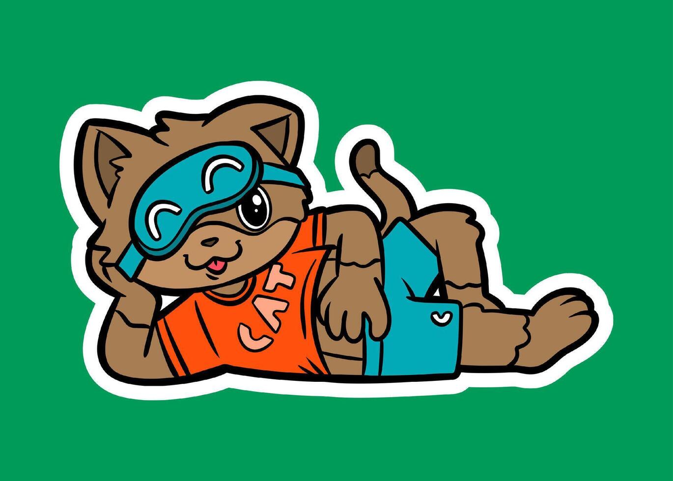Cute cartoon cat relaxing with a sleep mask and smiling vector