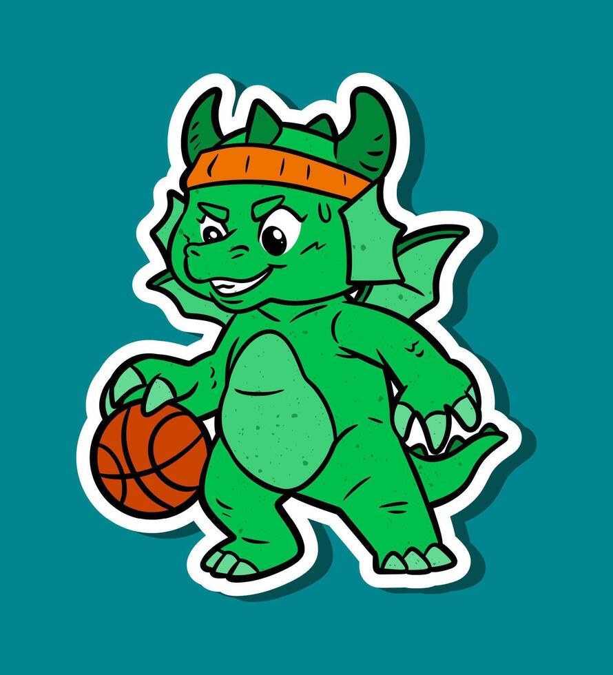 Cartoon Character of a Cute Green Dragon Playing Basketball vector