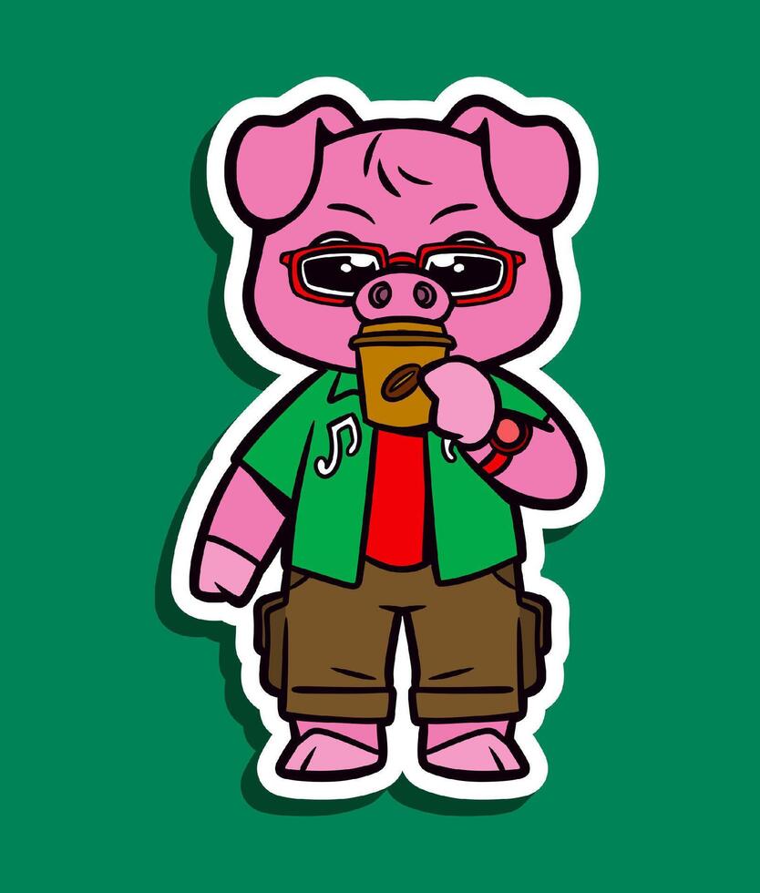 Cartoon Character of a Cute Pig with Sunglasses Drinking Coffee vector