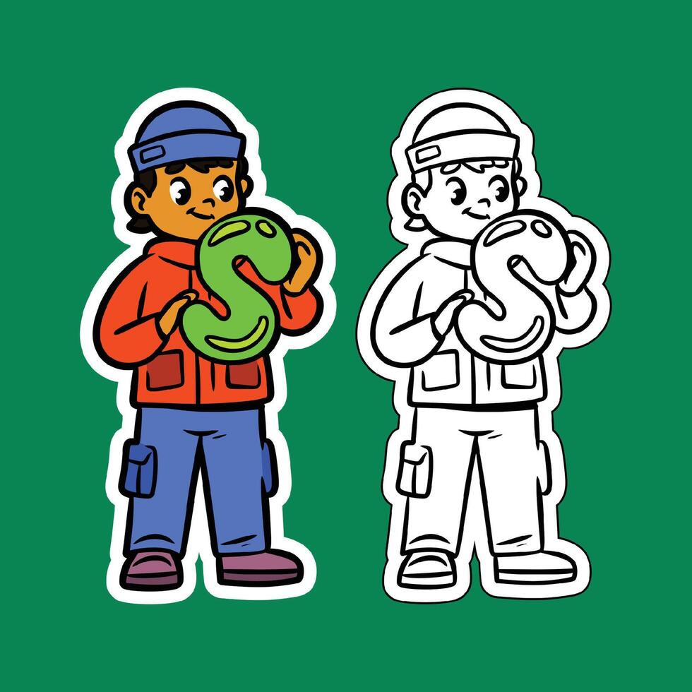 Doodle Illustration of a Boy Holding the Letter S vector