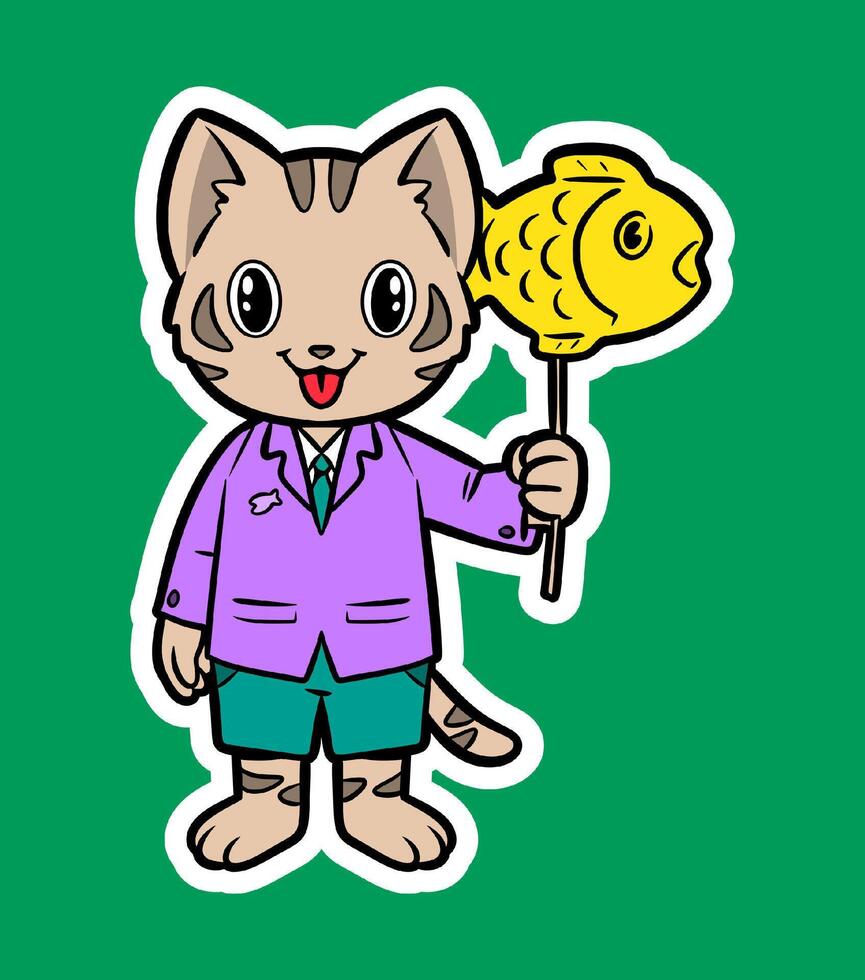 Cartoon cat with fish on a stick vector