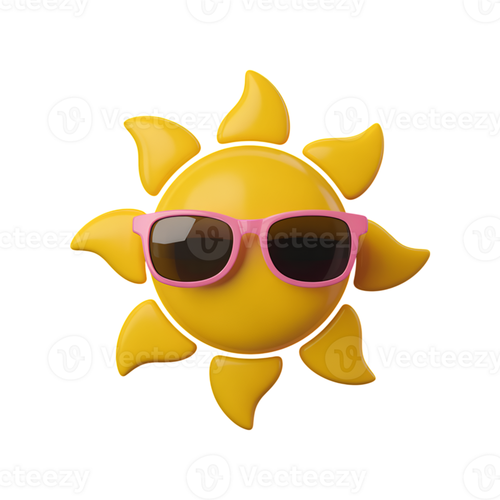 Cartoon sun character wearing pink sunglasses on a plain studio background png