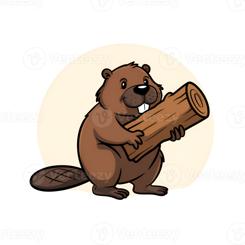Cartoon beaver holding a log with both hands on a cream color background png