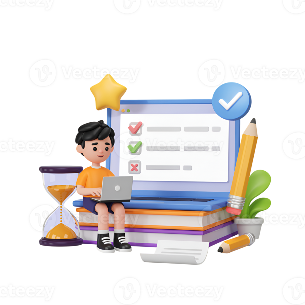 Online exam illustration with boy using laptop and checklist on screen png