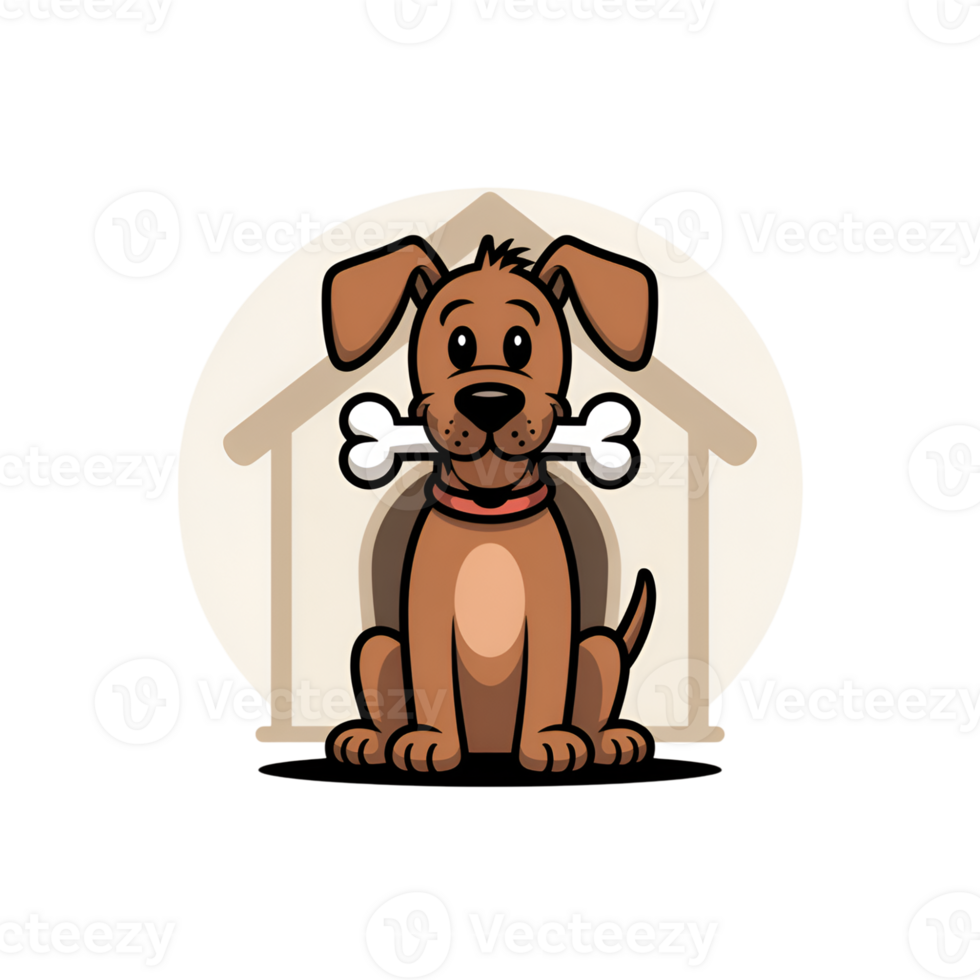 Cartoon dog sitting with bone in mouth in front of doghouse illustration png