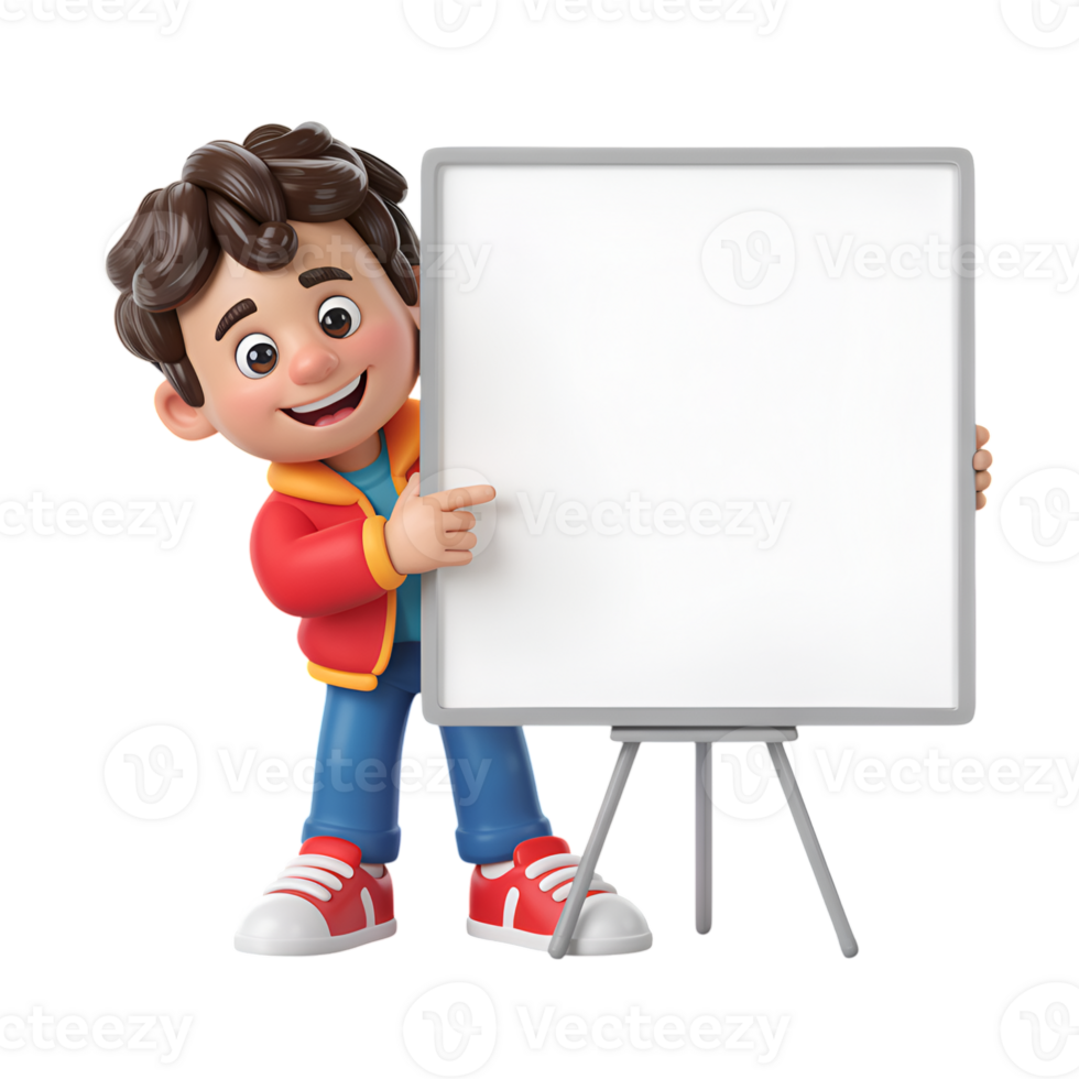 Cartoon boy pointing to whiteboard on easel for presentation or education use png