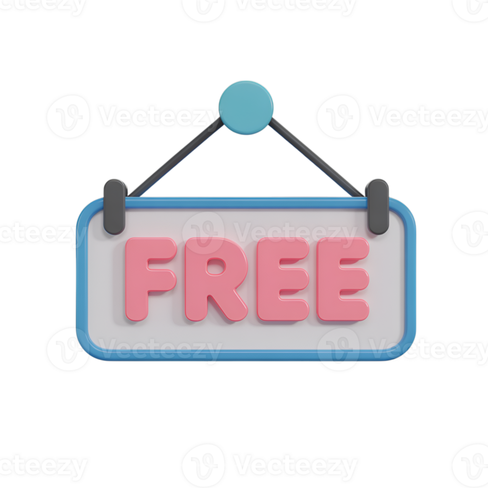 Free sign hanging with pink letters and blue trim, 3d render illustration png