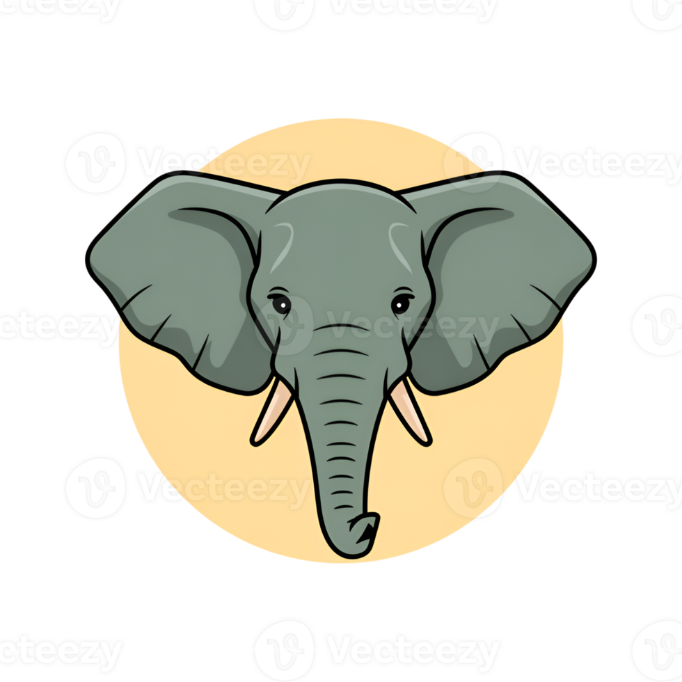 Elephant cartoon head with large ears and tusks on a light yellow circle shape png