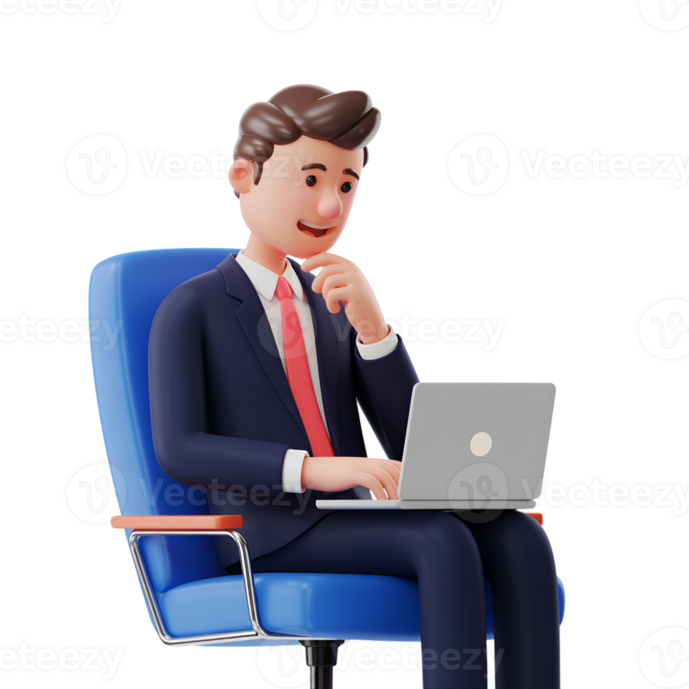 Cartoon businessman sitting in chair using laptop for work or online meeting png