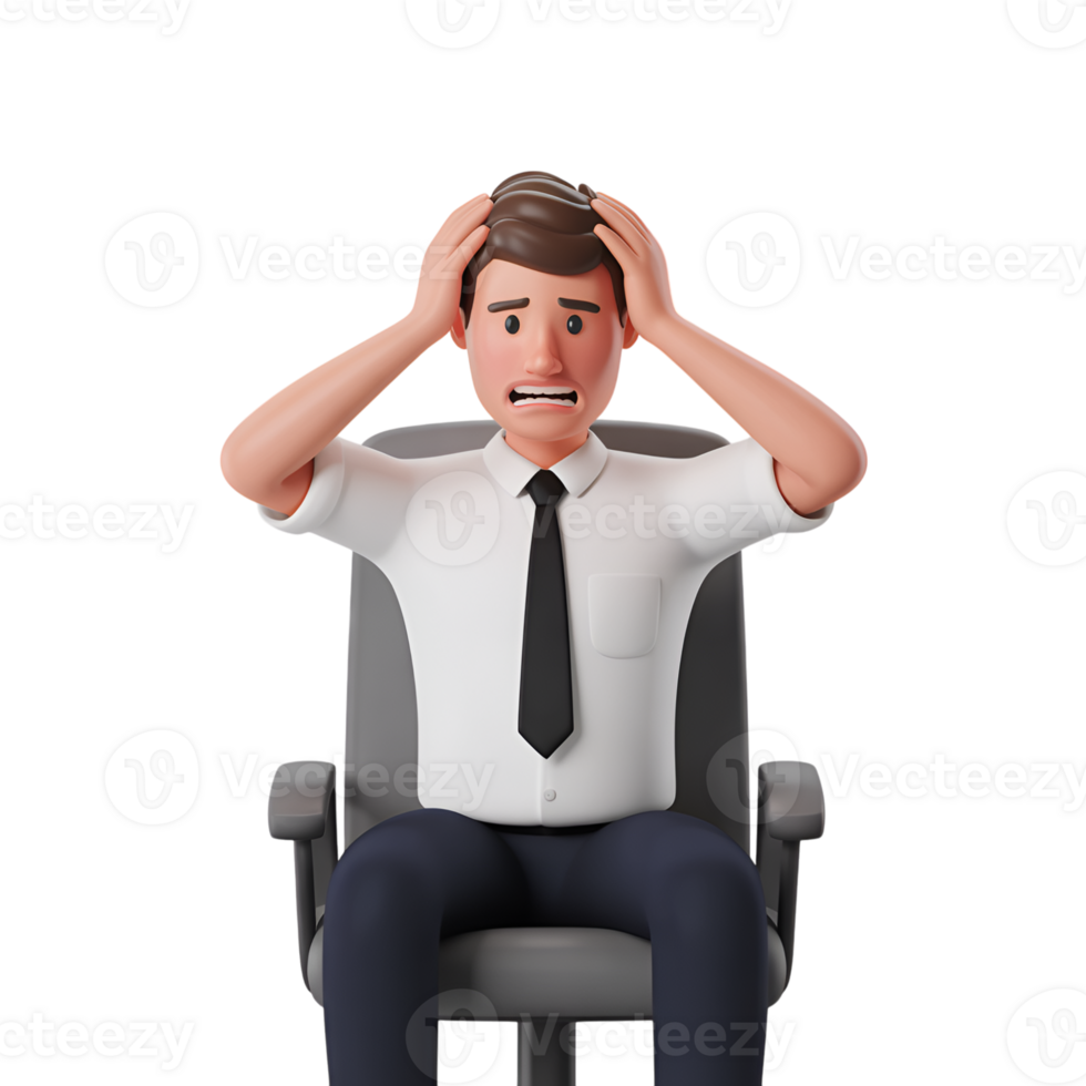 Stressed man holding head in despair sitting in chair with an upset expression png