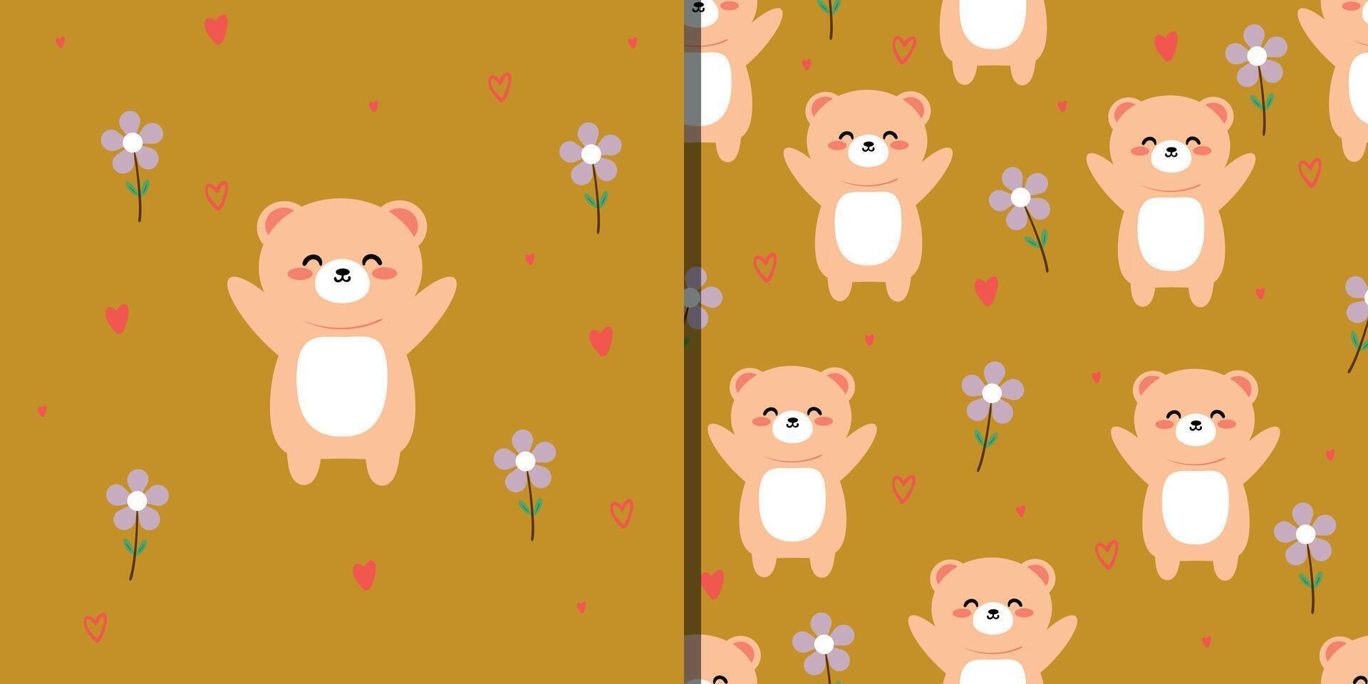 Card and seamless pattern with cute cartoon bears and purple flowers, for fabric prints, textiles, gift wrapping paper. colorful for children, flat style vector