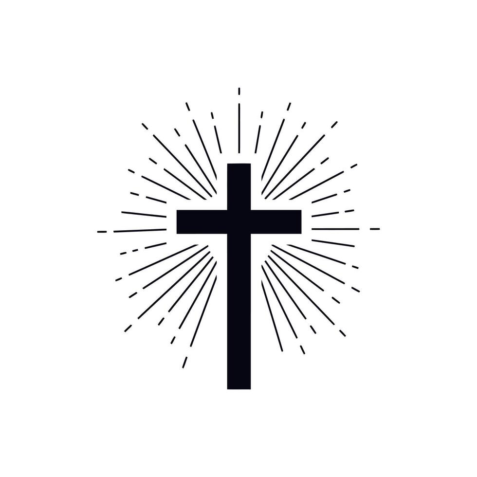 Radiant christian cross symbol with radiating rays, faith and devotion vector