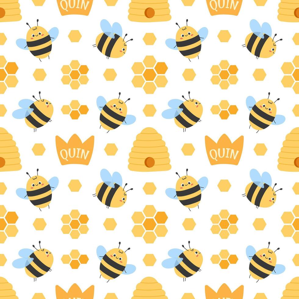 Cute seamless pattern with cartoon bees, honeycombs, beehives and crowns on white background. Hand drawn illustration vector