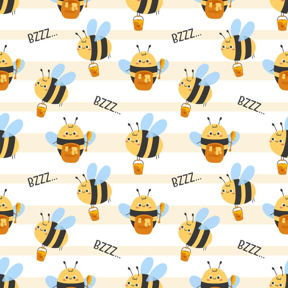 Cute seamless pattern with cute cartoon honey bee, buzzing text on striped background. Cute design for print, banner, card, fabric, cover, wrapping paper, wallpaper. Flat illustration vector