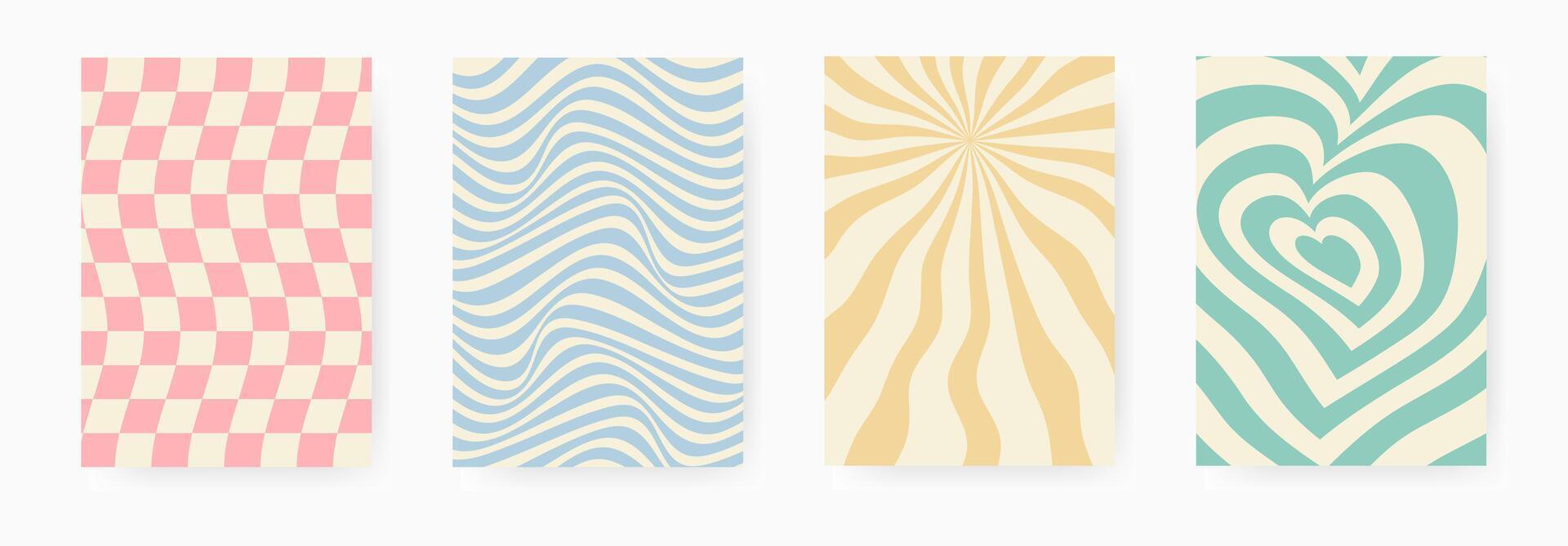 Set of four retro wavy patterns with optical illusion effect in pastel colors vector