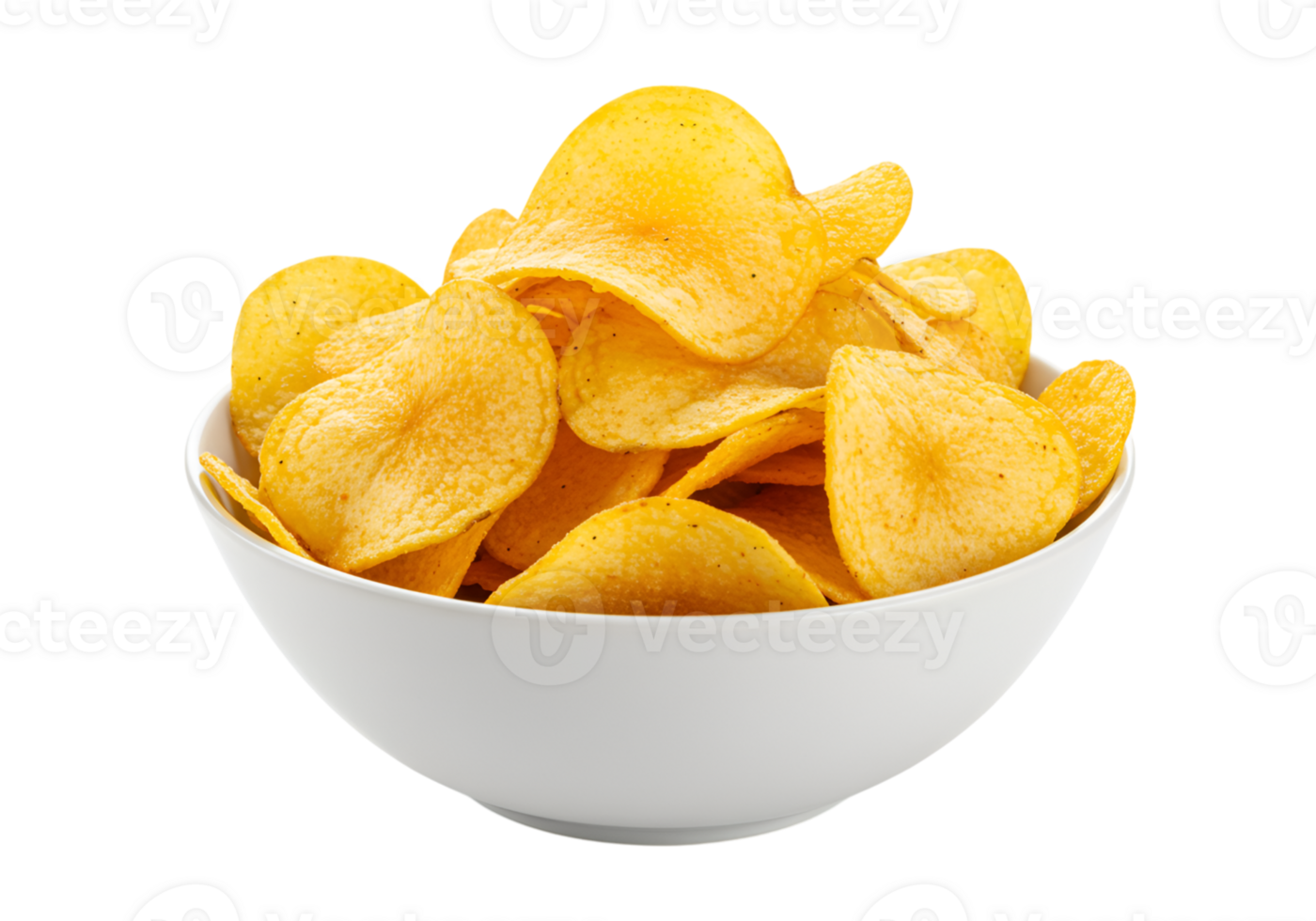 Potato chips in white bowl, crispy snack food, yellow color, isolated, close up, studio shot, junk food, unhealthy, salty png