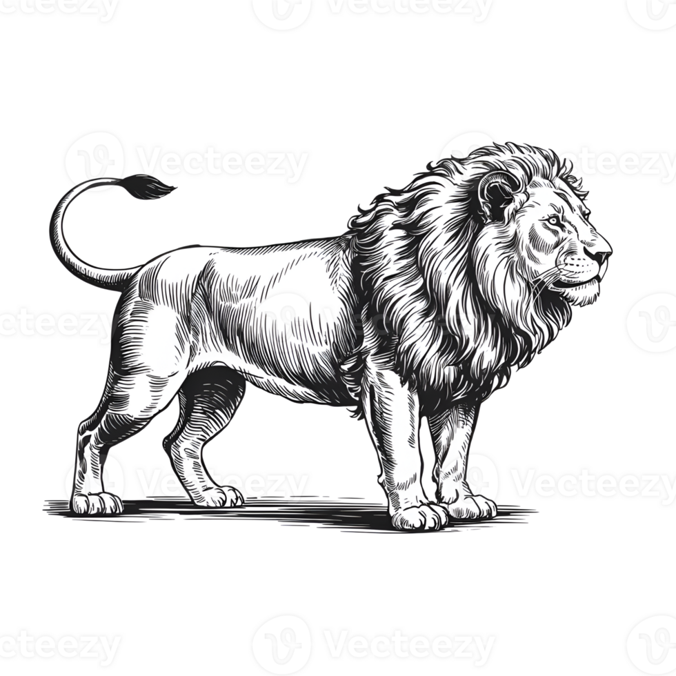 Lion illustration detailed engraving of a majestic feline, standing proud and alert png