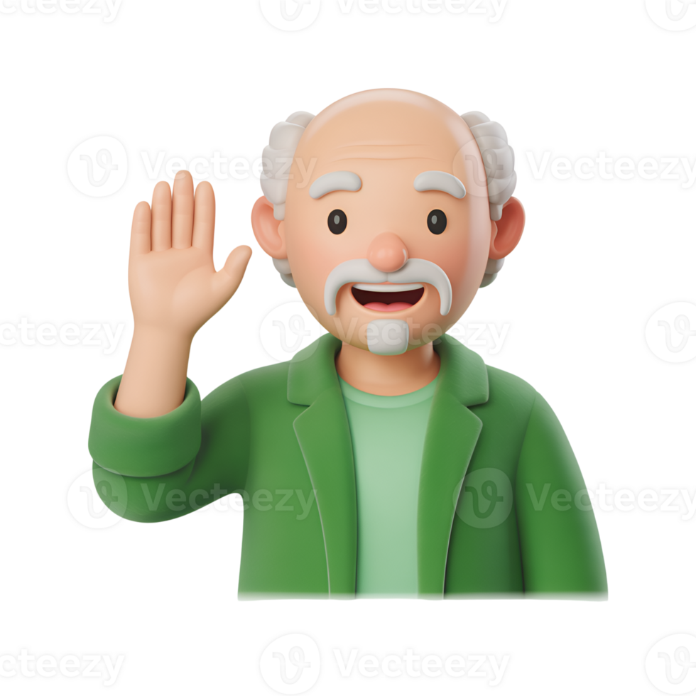 Cartoon character waving with green jacket and mustache, 3d rendering isolated png
