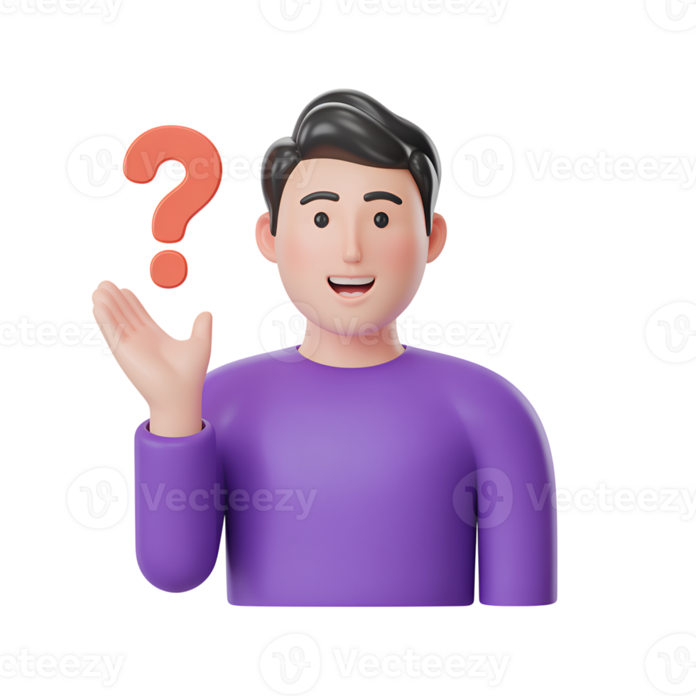 Question mark above cartoon man raising hand in confusion, 3d render style png