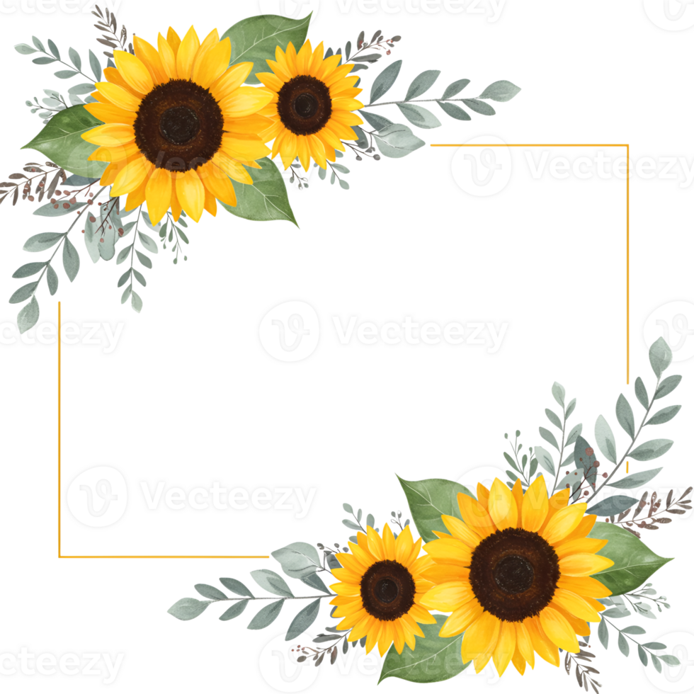 Sunflower frame with leaves and golden border for invitation design element png
