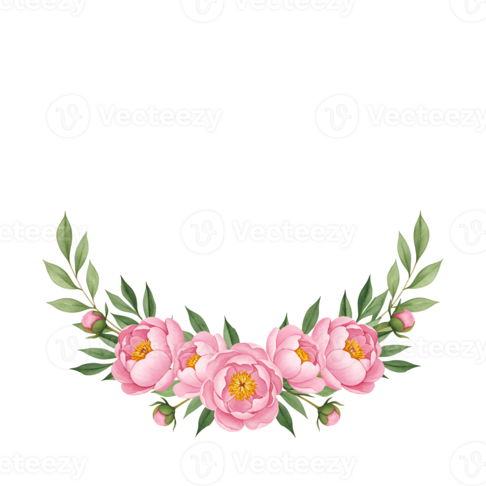 Pink peony floral arrangement with green leaves on transparent background png