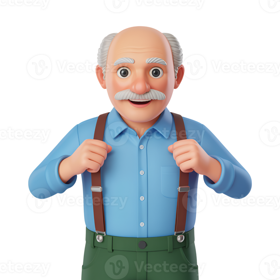 Cartoon grandpa character holding suspenders with a surprised expression isolated png