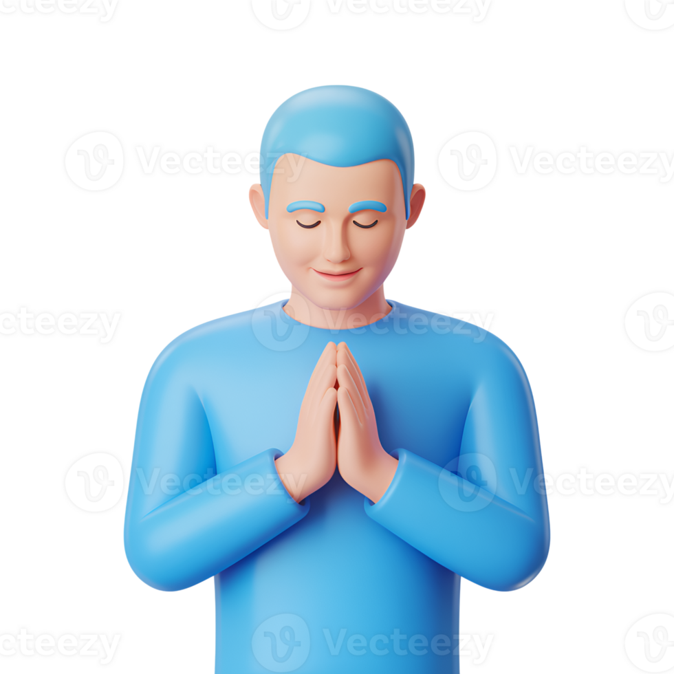 Praying man with blue skin and hair in a meditative pose against a transparent backdrop png