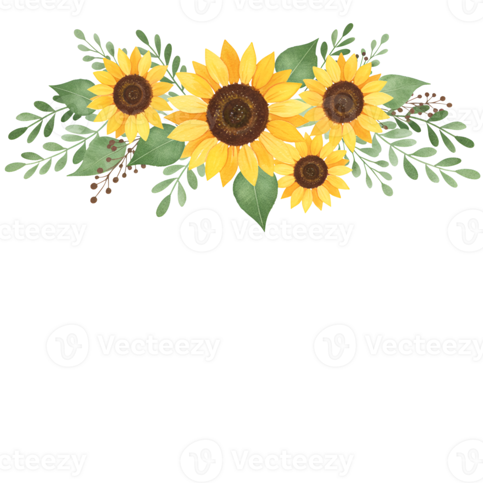 Sunflower arrangement with leaves and berries on top against a background png