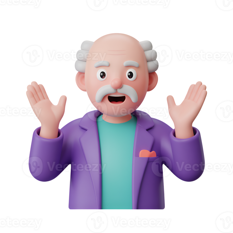 Cartoon professor with surprised expression and hands up in a purple jacket png