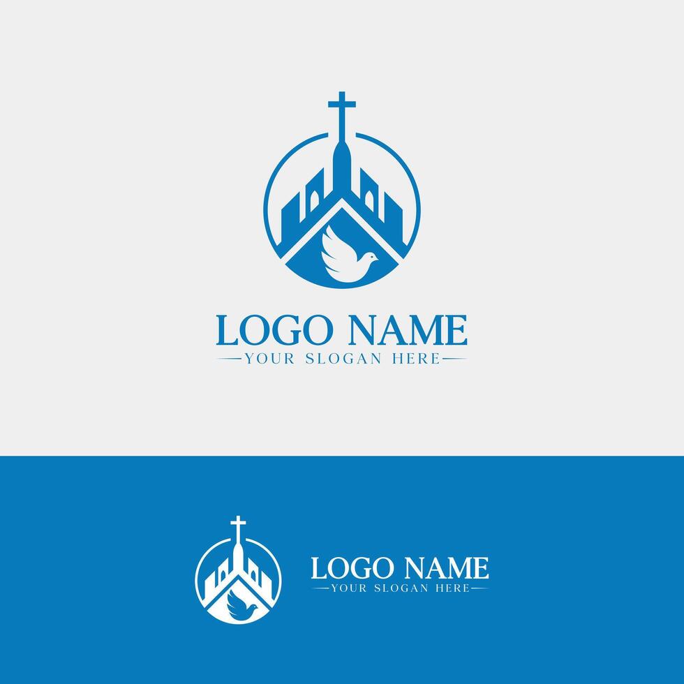 Christian logo design with a Church, Christian cross, and peaceful dove bird vector