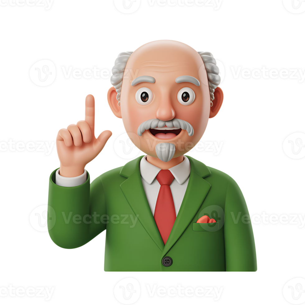 Cartoon teacher raising finger in green suit with red tie on a transparent area png